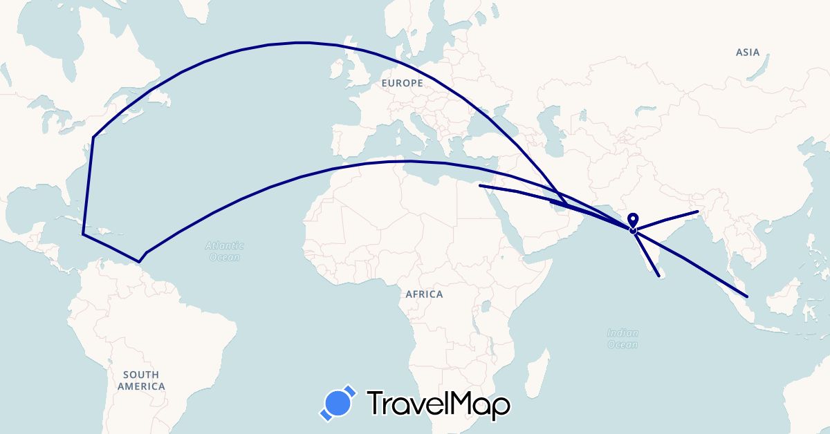 TravelMap itinerary: driving in United Arab Emirates, Barbados, Bangladesh, Bahrain, Egypt, India, Jamaica, Sri Lanka, Singapore, Trinidad and Tobago, United States (Africa, Asia, North America)